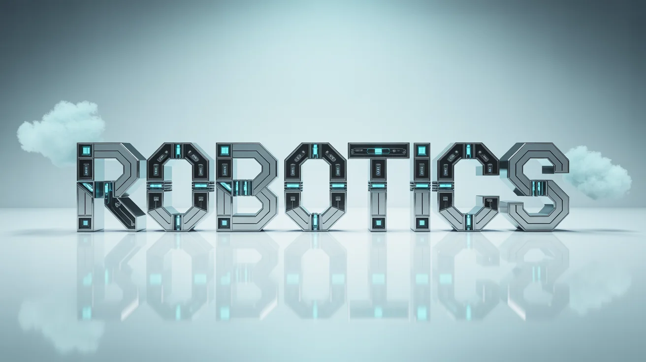 The word "ROBOTICS" is displayed in a 3D metallic style with glowing blue lines, evoking a futuristic, robotic theme.