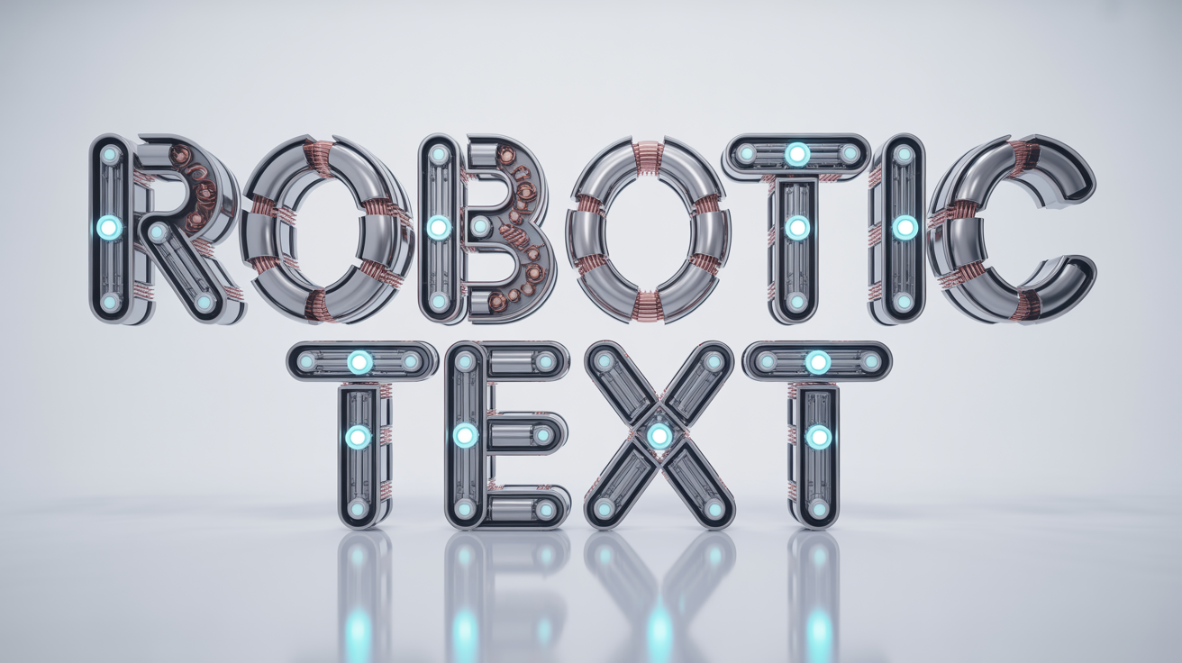 A 3D rendering of the words 'ROBOTIC TEXT' designed with a mechanical, robotic texture featuring chrome, copper wires, and blue glowing lights, set against a white background.