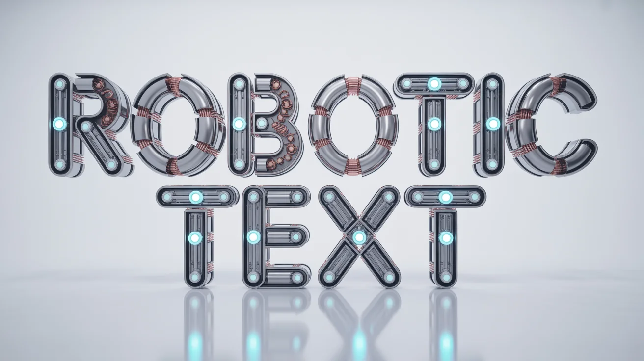 A 3D rendering of the words 'ROBOTIC TEXT' designed with a mechanical, robotic texture featuring chrome, copper wires, and blue glowing lights, set against a white background.