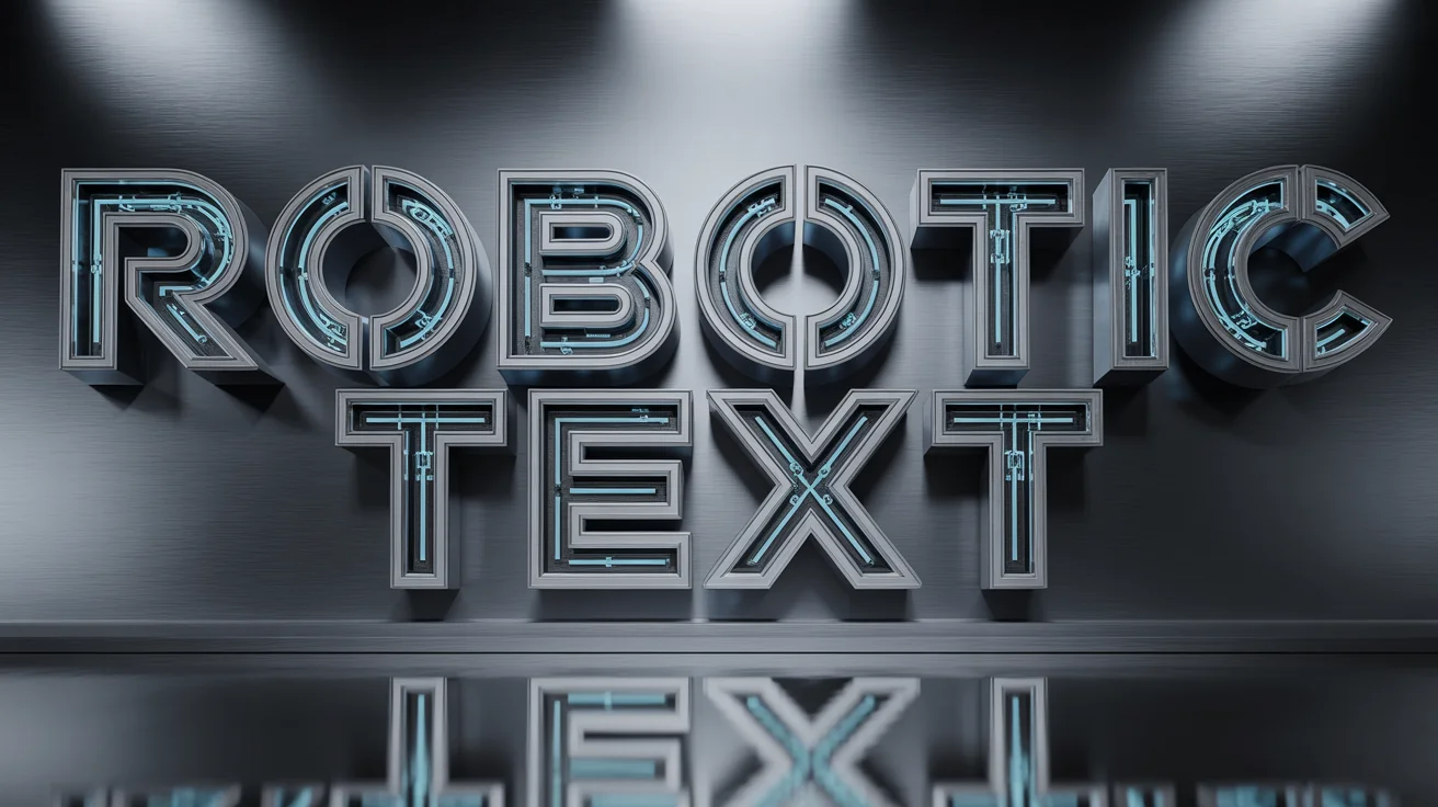A 3D rendering of the words 'ROBOTIC TEXT' in a futuristic, metallic font, with glowing blue circuits visible inside the letters, set against a clean white background.