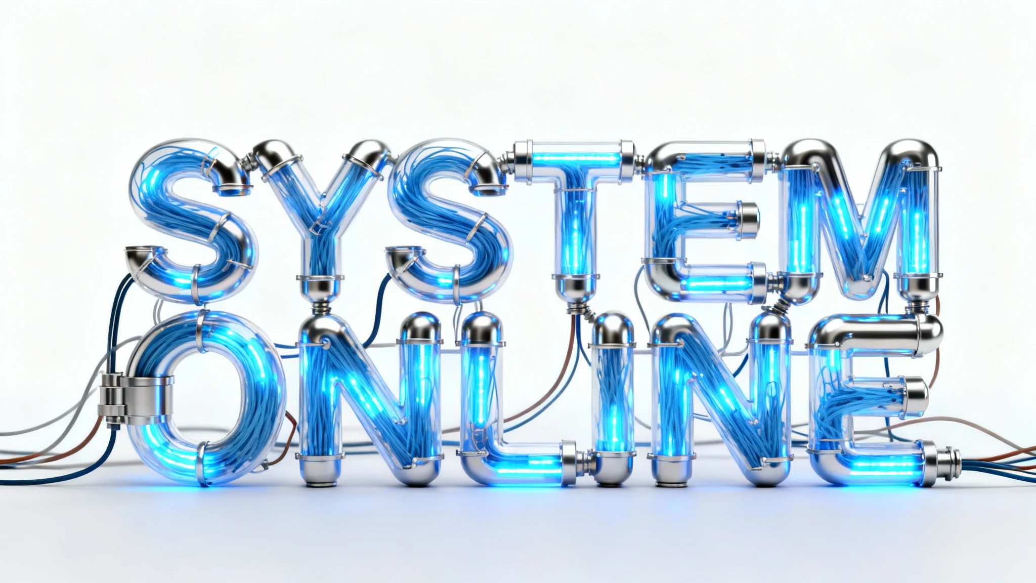 A photorealistic mockup of robotic text, where the words 'SYSTEM ONLINE' are constructed from glowing blue fiber optics and chrome wiring against a clean white background.