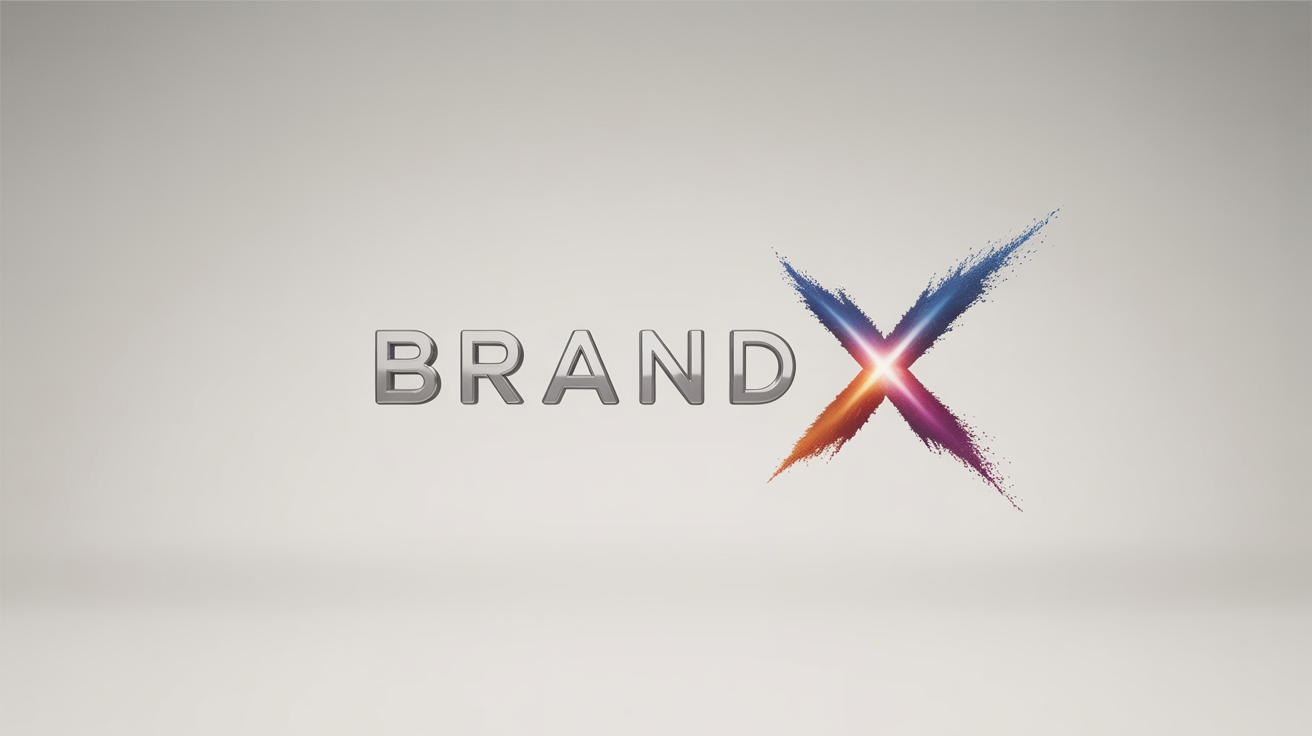 The final result of a logo reveal effect, showing a sleek, modern logo for 'BRAND X' fully formed against a dark background, surrounded by a vibrant burst of colorful particles and a shimmering glow.