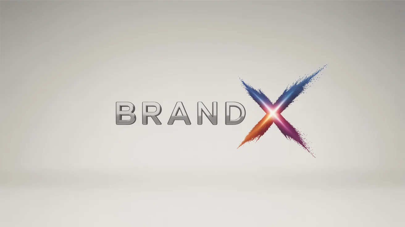 The final result of a logo reveal effect, showing a sleek, modern logo for 'BRAND X' fully formed against a dark background, surrounded by a vibrant burst of colorful particles and a shimmering glow.