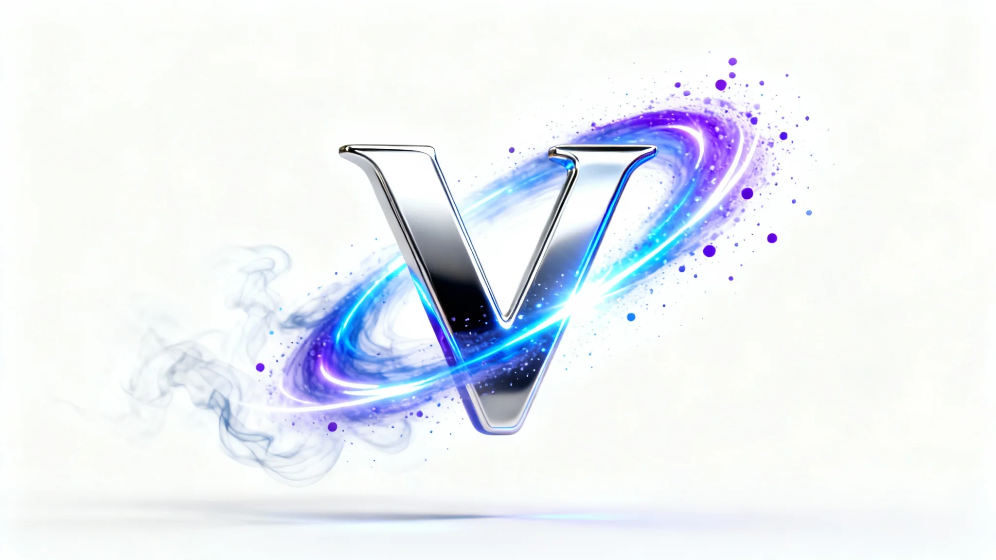 A photorealistic mockup of a logo reveal effect, featuring a chrome letter 'V' materializing from a swirl of blue and purple light particles against a stark white background.