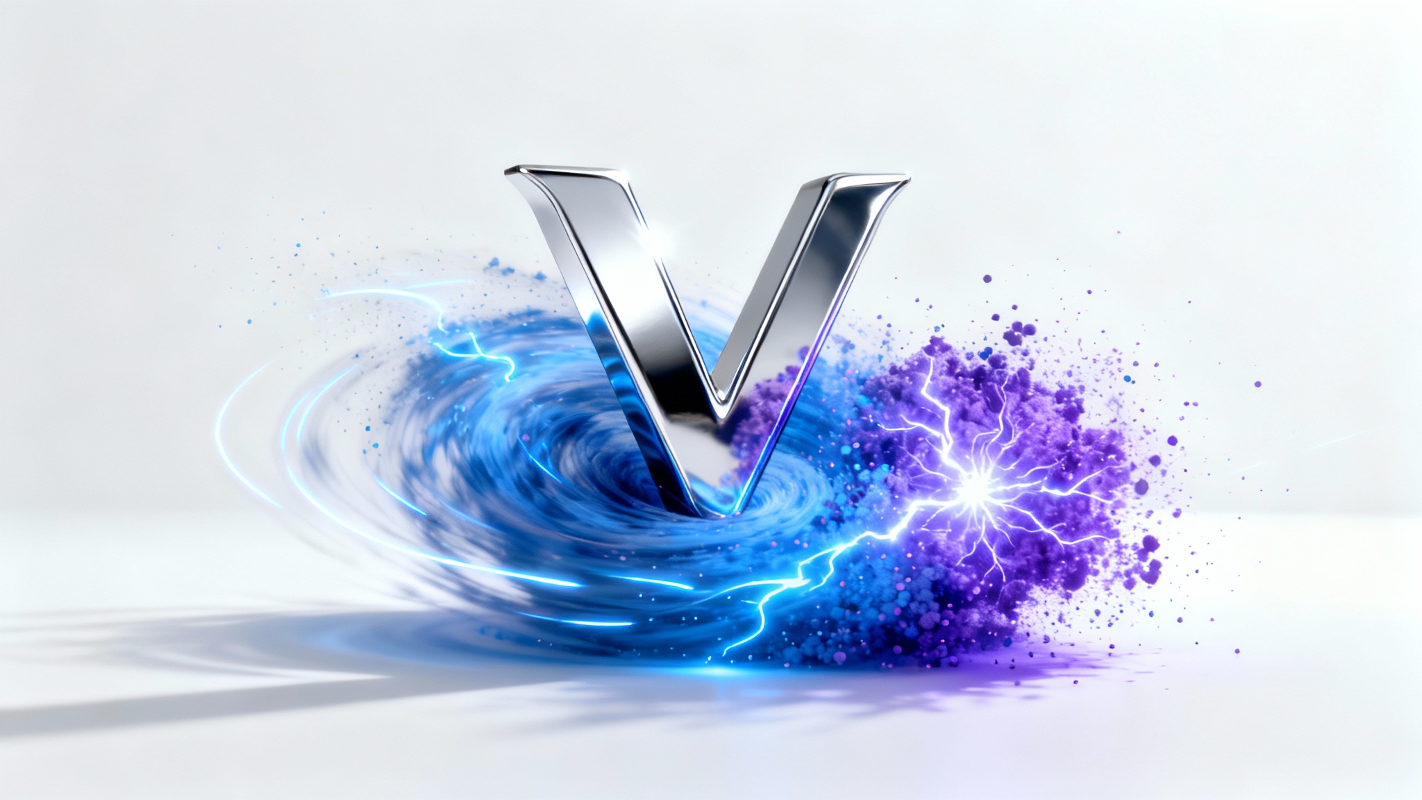 A photorealistic mockup of a logo reveal effect, showing a metallic 'V' logo forming out of a swirling cloud of blue and purple light particles against a clean white background.