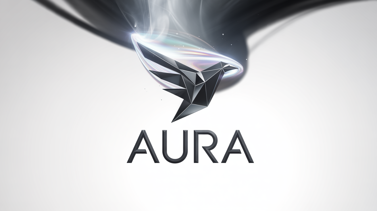 A stylized obsidian bird logo being magically revealed from a swirl of prismatic light and white smoke, with the word 'AURA' appearing below it. The entire scene is set against a clean white background.