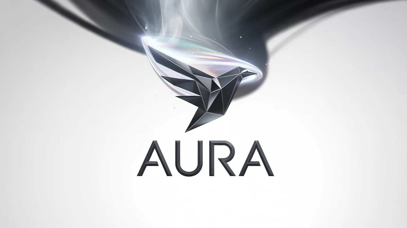 A stylized obsidian bird logo being magically revealed from a swirl of prismatic light and white smoke, with the word 'AURA' appearing below it. The entire scene is set against a clean white background.