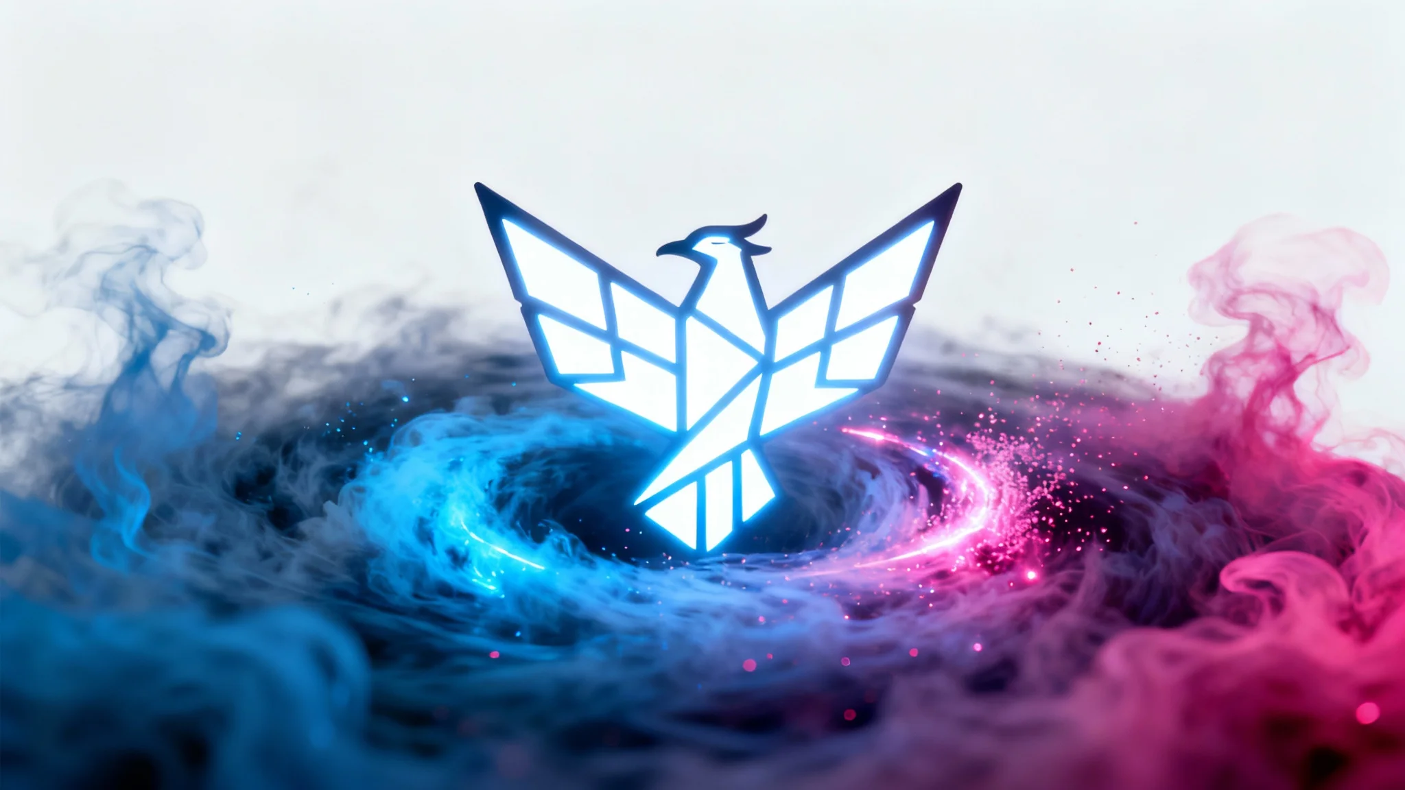 A stylized phoenix logo glowing with white light materializing from a swirl of blue and magenta particles, captured mid-reveal against a clean white background, illustrating a dynamic logo reveal effect.