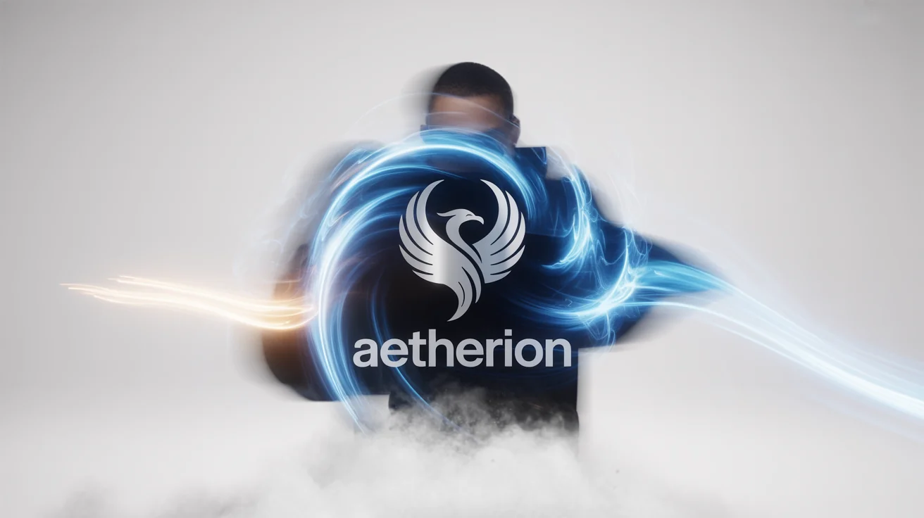 A cinematic depiction of a logo reveal effect on a white background. A silver phoenix logo and the word 'Aetherion' are materializing from a swirl of blue and white light particles, creating a sense of motion and energy.