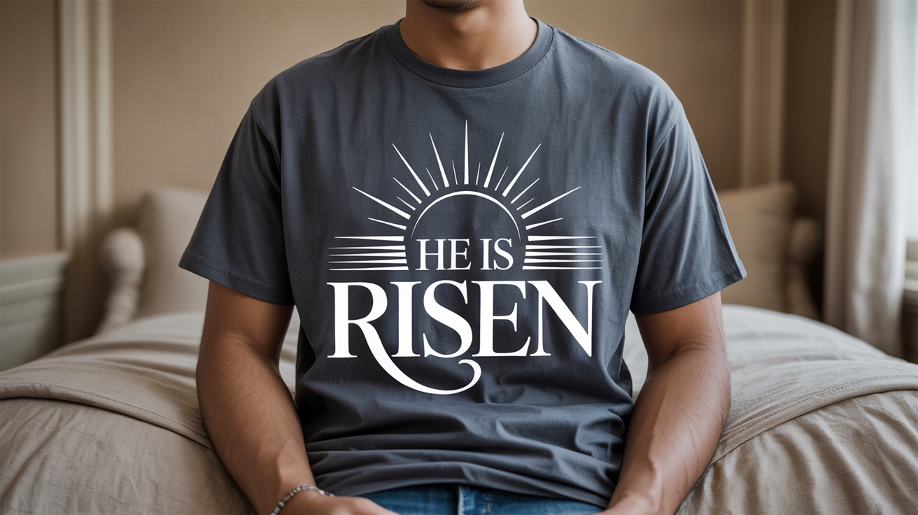 A person modeling a charcoal gray religious t-shirt that says 'He is Risen' in a modern white font, with a minimalist rising sun graphic above the text. The photo is high-quality and taken outdoors during sunset.