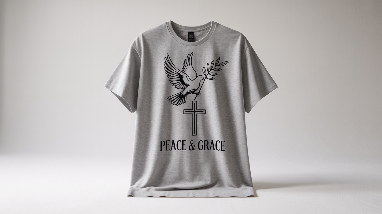 A flat lay mockup of a heather grey t-shirt with a religious design featuring a dove, a cross, and the text 'Peace & Grace', all set against a clean white background.