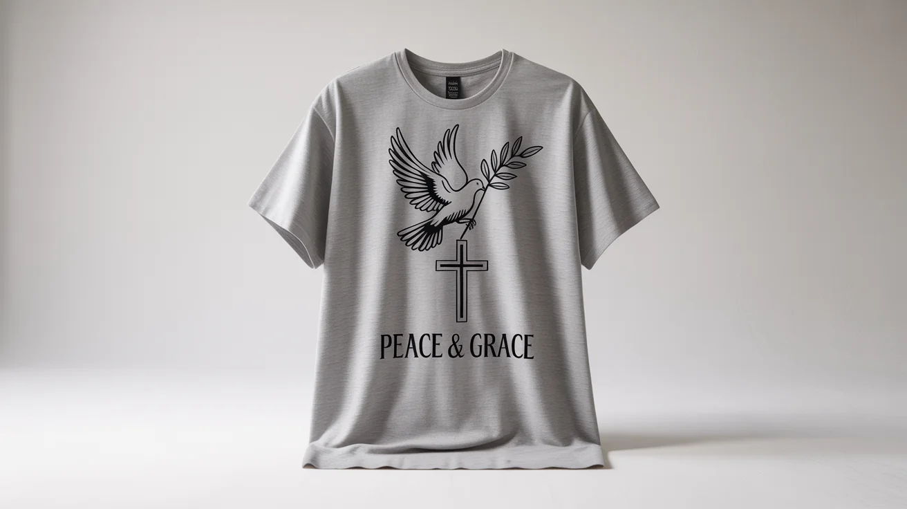 A flat lay mockup of a heather grey t-shirt with a religious design featuring a dove, a cross, and the text 'Peace & Grace', all set against a clean white background.
