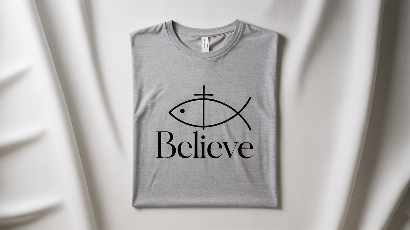 A top-down view of a folded heather grey t-shirt on a white background, featuring a modern religious design of a fish and cross symbol with the word 'BELIEVE' printed below it.