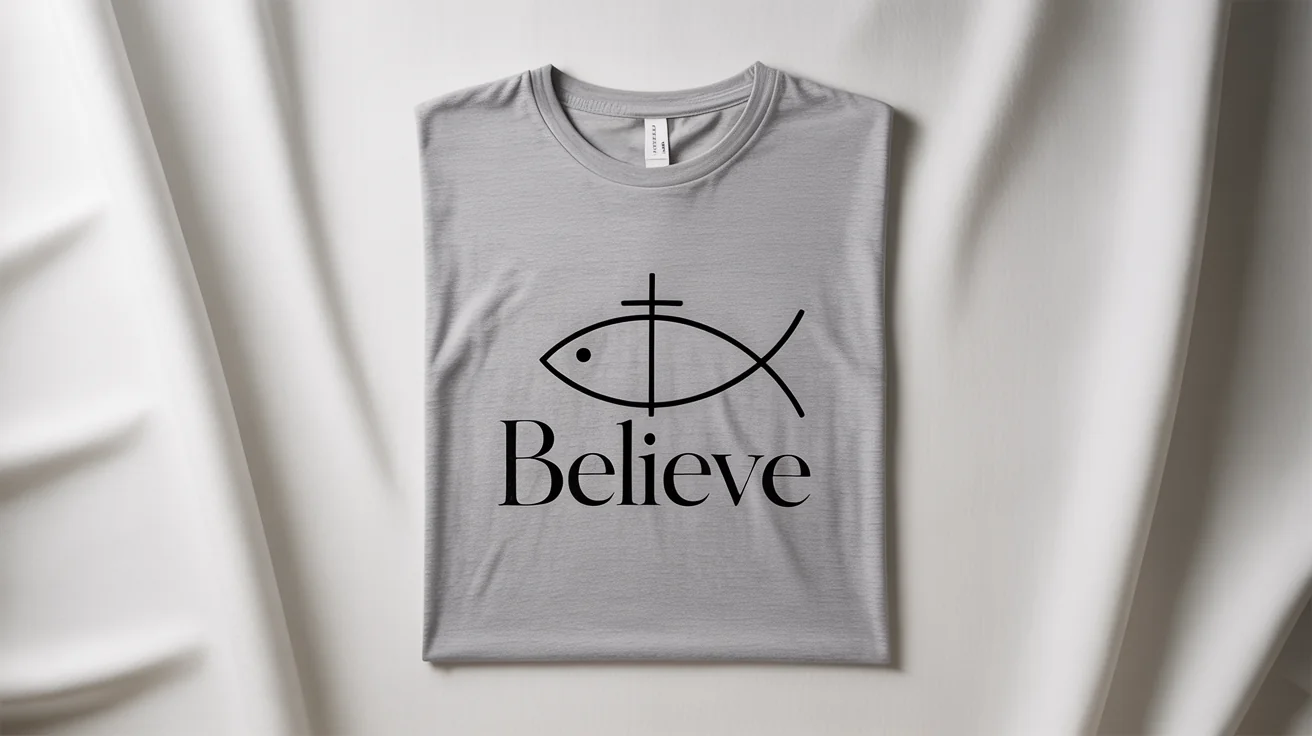 A top-down view of a folded heather grey t-shirt on a white background, featuring a modern religious design of a fish and cross symbol with the word 'BELIEVE' printed below it.