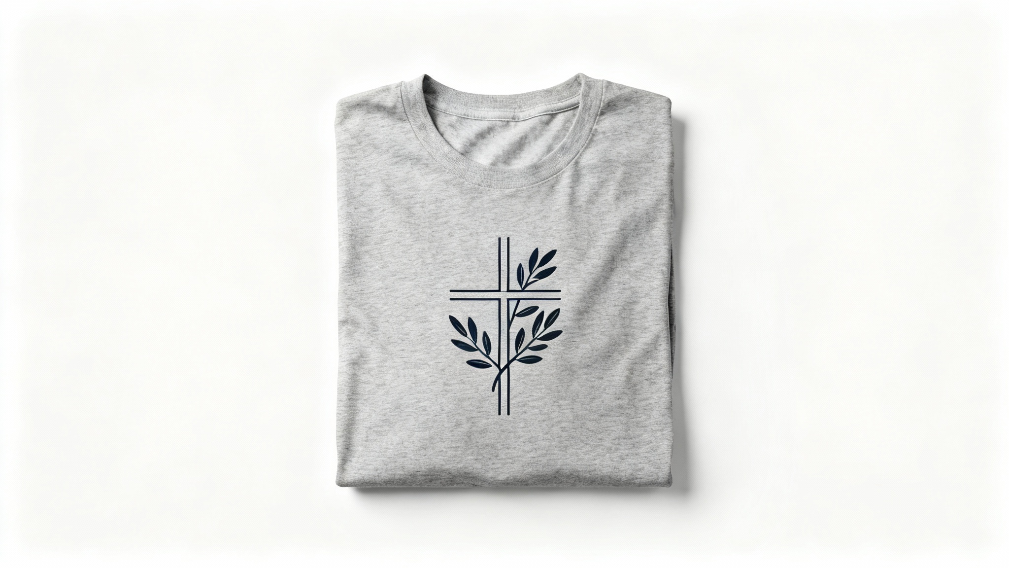 A flat lay photograph of a folded heather grey t-shirt with a modern, minimalist design of a cross and olive branches, shot against a plain white background.