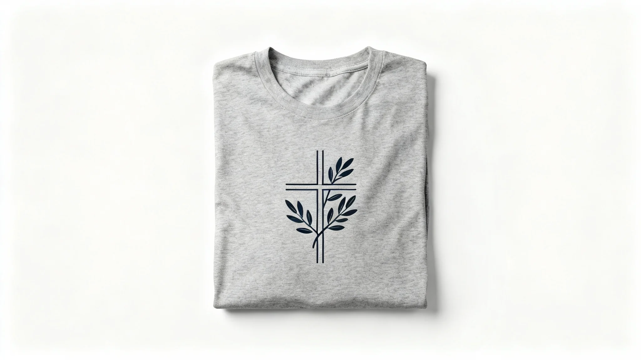 A flat lay photograph of a folded heather grey t-shirt with a modern, minimalist design of a cross and olive branches, shot against a plain white background.
