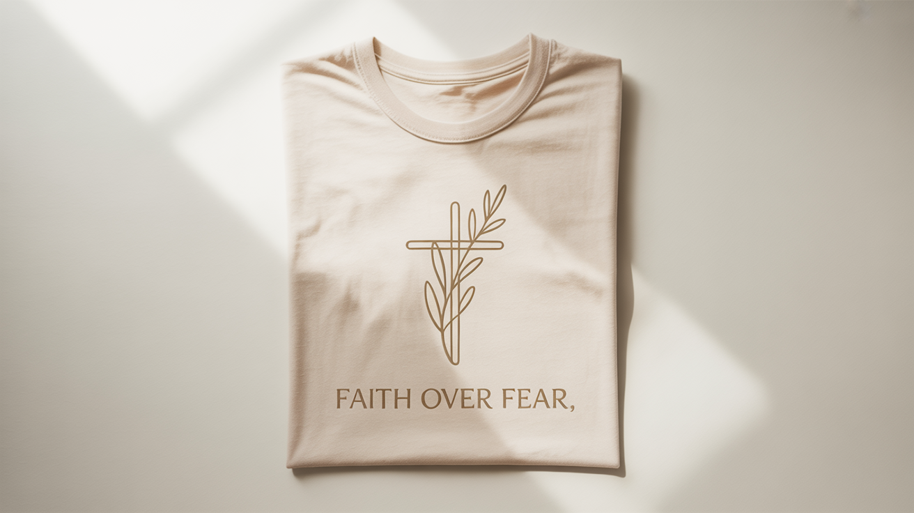 A flat-lay product shot of a folded cream t-shirt on a white background, featuring a gold foil design of a cross and olive branch with the text 'Faith Over Fear' printed below.