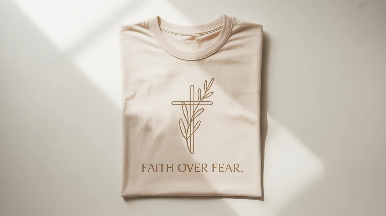 A flat-lay product shot of a folded cream t-shirt on a white background, featuring a gold foil design of a cross and olive branch with the text 'Faith Over Fear' printed below.