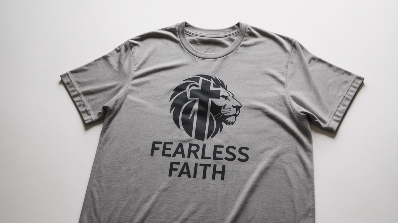 A heather grey t-shirt with a modern religious design of a lion and a cross, with the text 'Fearless Faith', laid flat on a white background.