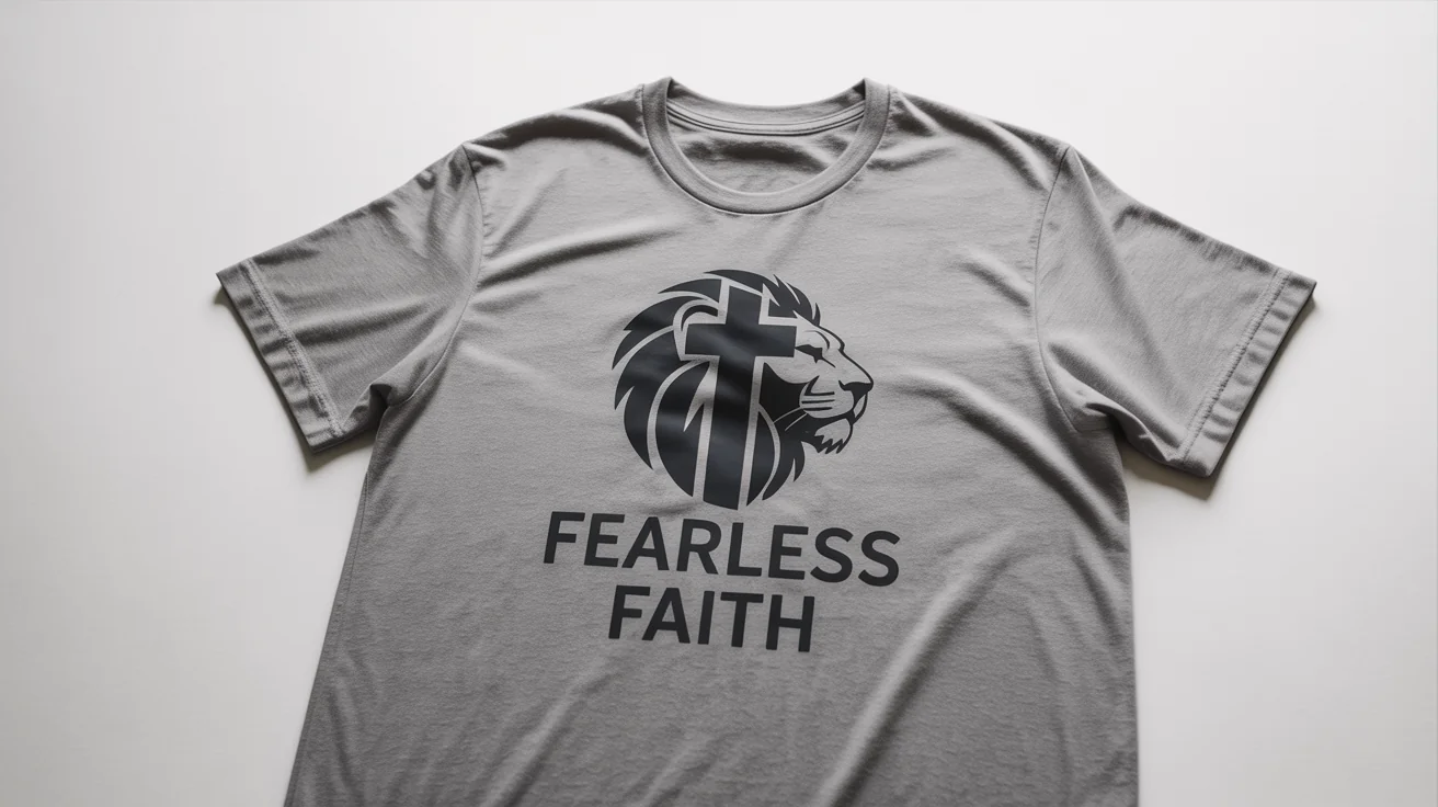 A heather grey t-shirt with a modern religious design of a lion and a cross, with the text 'Fearless Faith', laid flat on a white background.