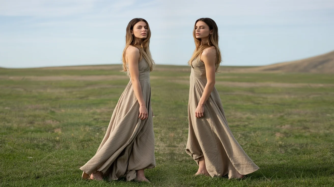 A side-by-side comparison image showing the result of a mirror image tool. The left side shows a woman in a flowing dress looking to the right, and the right side shows the exact same image flipped horizontally, with the woman now looking to the left.