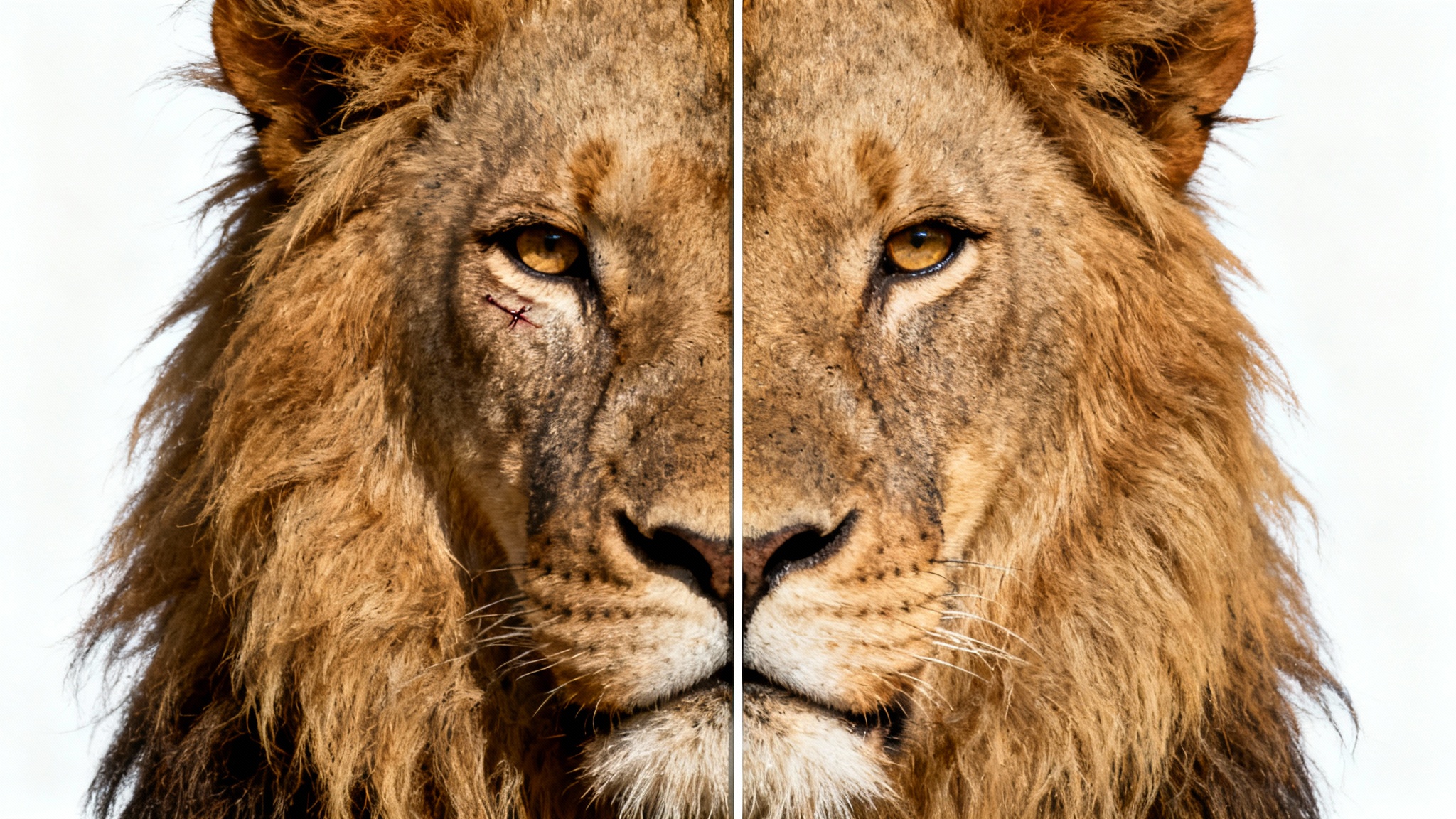 A split image of a lion's face against a white background, demonstrating a mirror effect. The left side is a normal view, while the right side is a mirror image of the left, creating a perfectly symmetrical face.