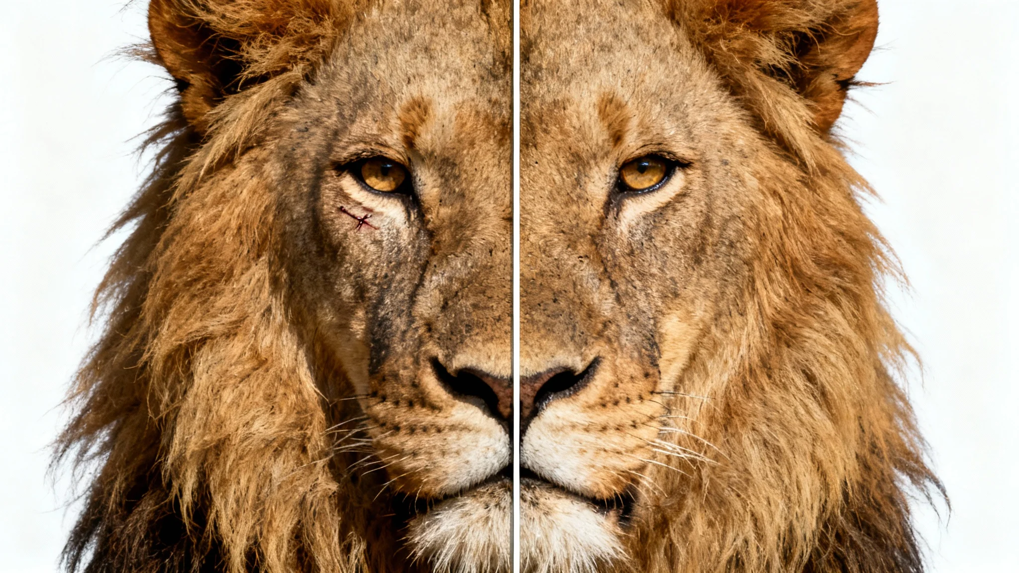 A split image of a lion's face against a white background, demonstrating a mirror effect. The left side is a normal view, while the right side is a mirror image of the left, creating a perfectly symmetrical face.