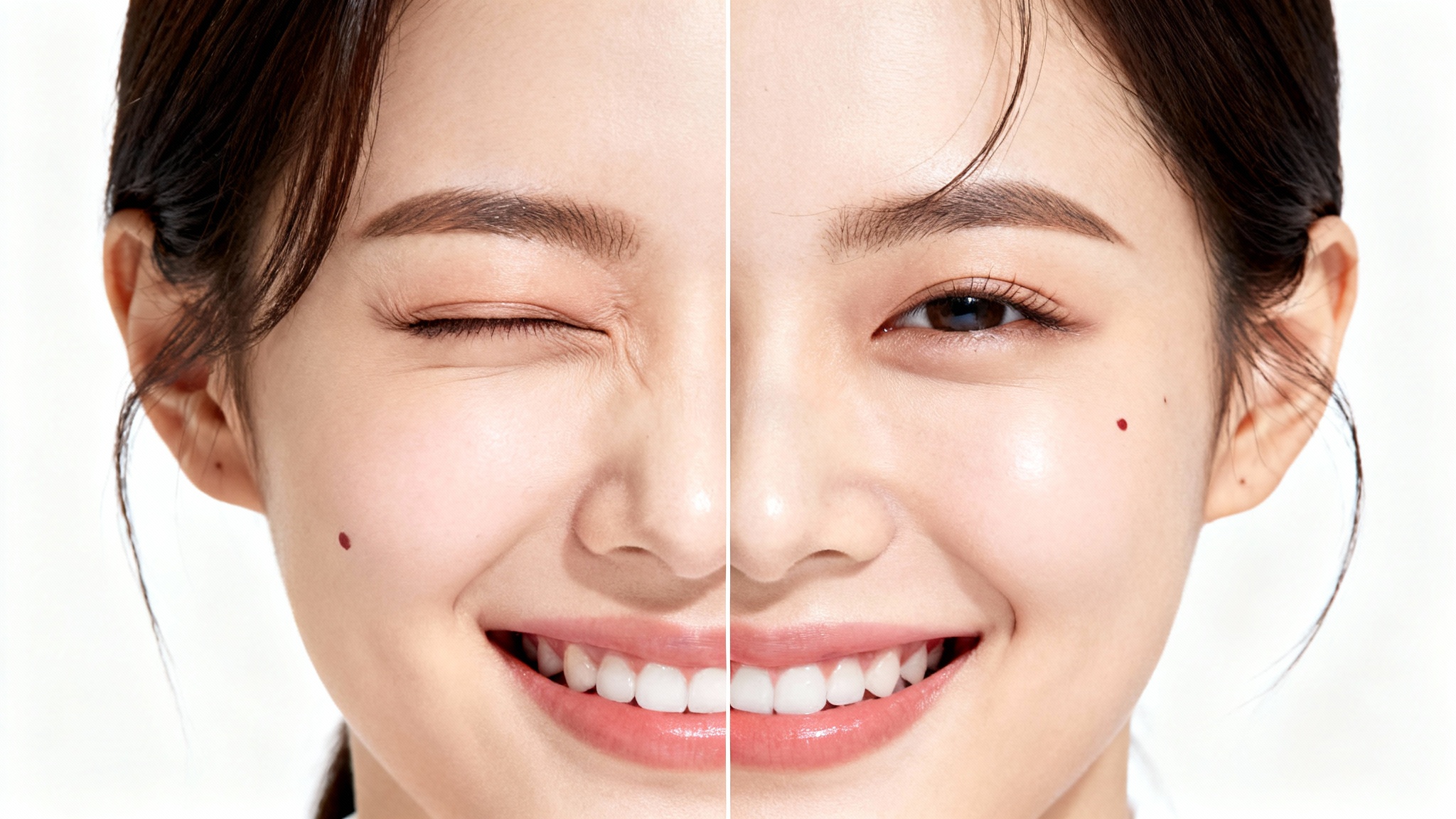 A split image demonstrating the reverse mirror effect. The left half shows a woman winking with her right eye, and the right half shows the same image flipped horizontally, so she appears to be winking with her left eye.