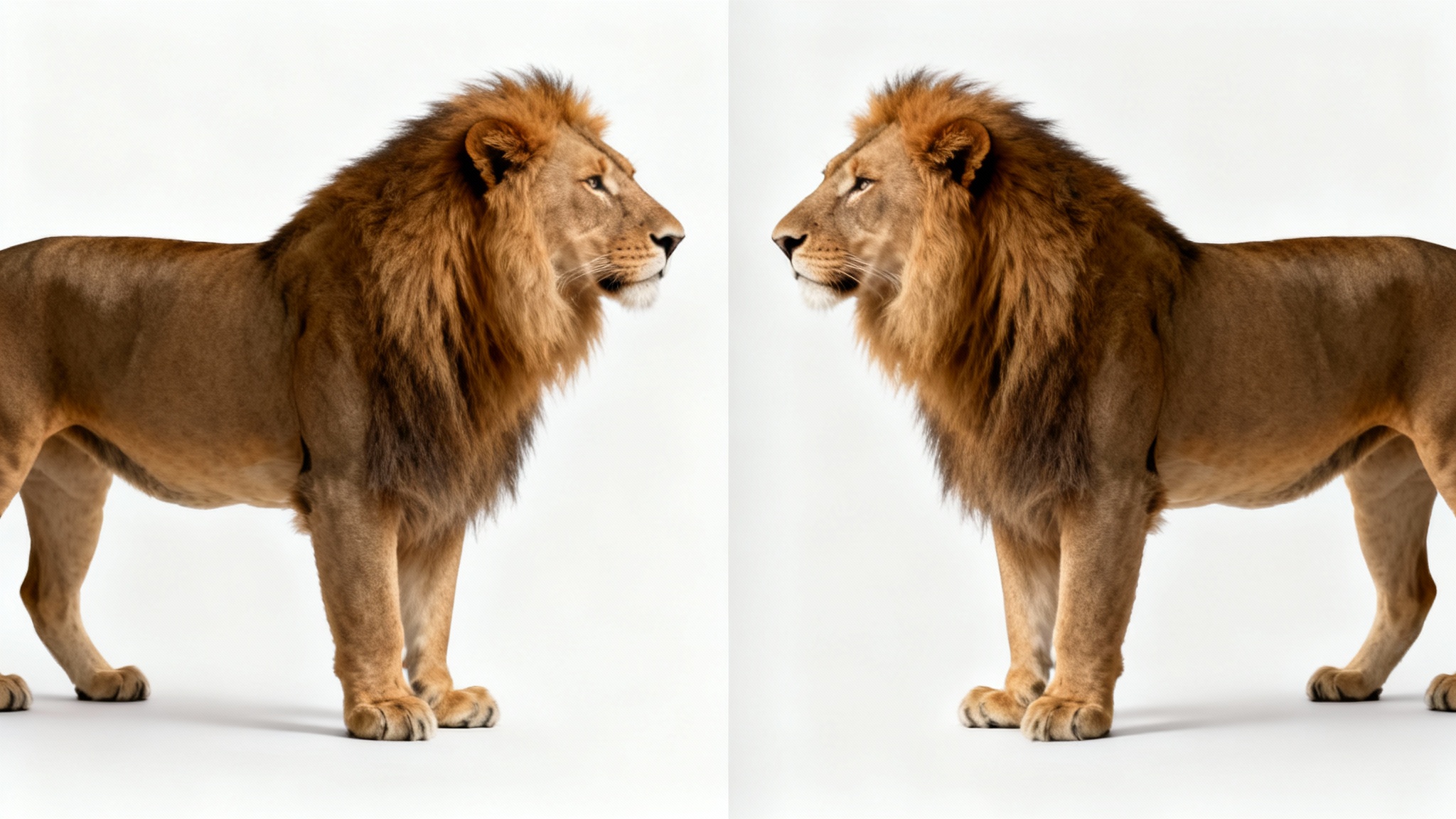 A side-by-side comparison illustrating a reverse mirror image effect. On the left, a lion faces right. On the right, the mirrored image shows the same lion facing left.