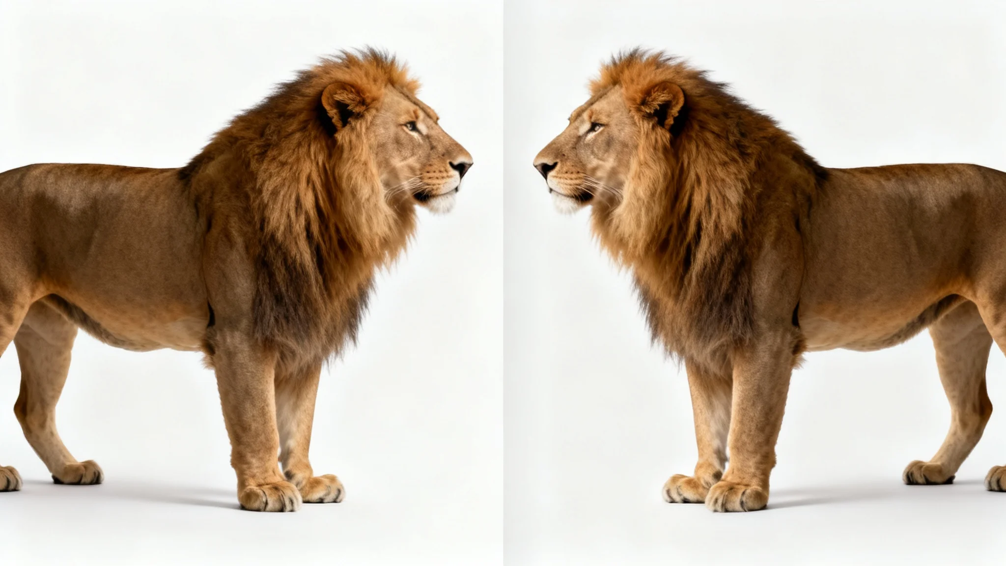 A side-by-side comparison illustrating a reverse mirror image effect. On the left, a lion faces right. On the right, the mirrored image shows the same lion facing left.