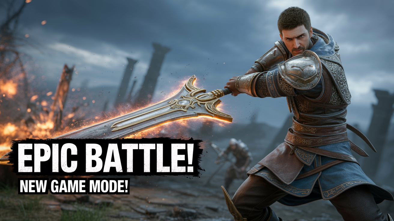 A professionally designed YouTube gaming thumbnail showing a warrior with a glowing sword in an epic battle. Bold text overlay reads 'EPIC BATTLE!' and 'NEW GAME MODE!'.
