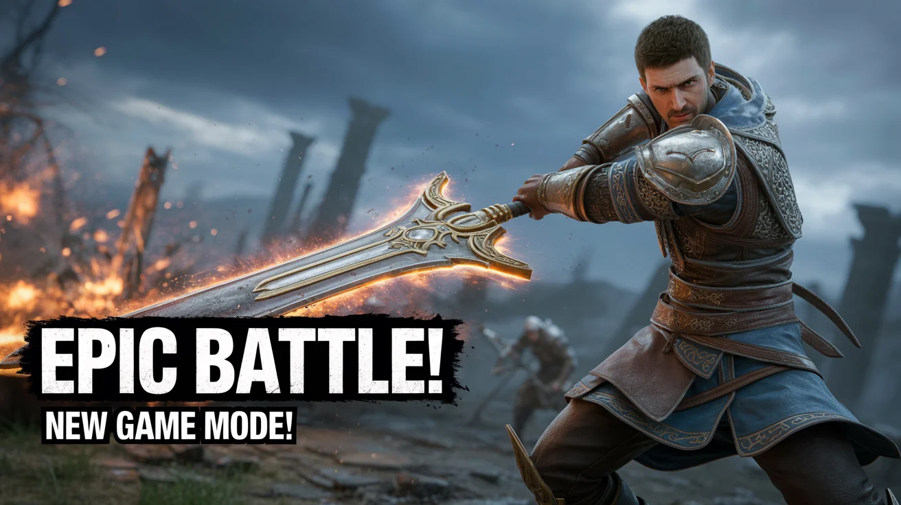 A professionally designed YouTube gaming thumbnail showing a warrior with a glowing sword in an epic battle. Bold text overlay reads 'EPIC BATTLE!' and 'NEW GAME MODE!'.