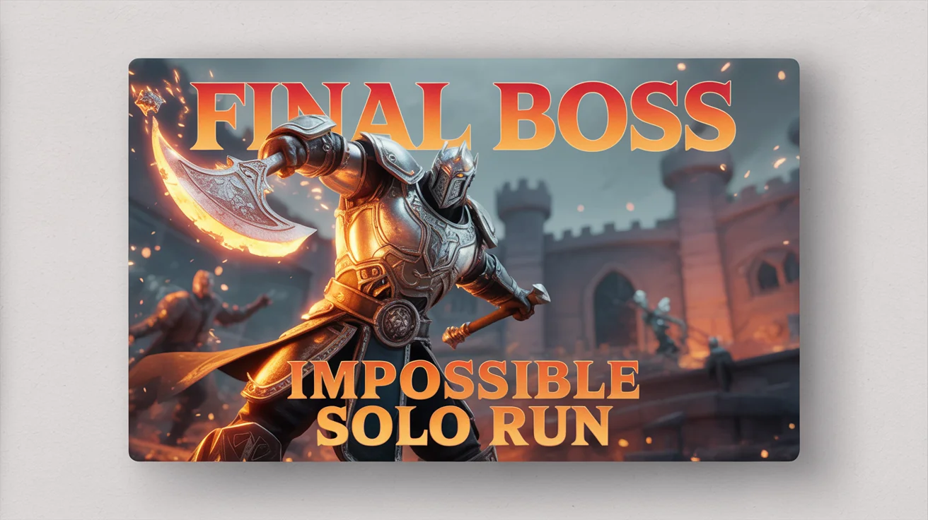 A mockup of an epic YouTube gaming thumbnail showing a warrior with a fiery axe in battle. The text on the thumbnail reads 'FINAL BOSS' and 'IMPOSSIBLE SOLO RUN'. The mockup is on a white background.