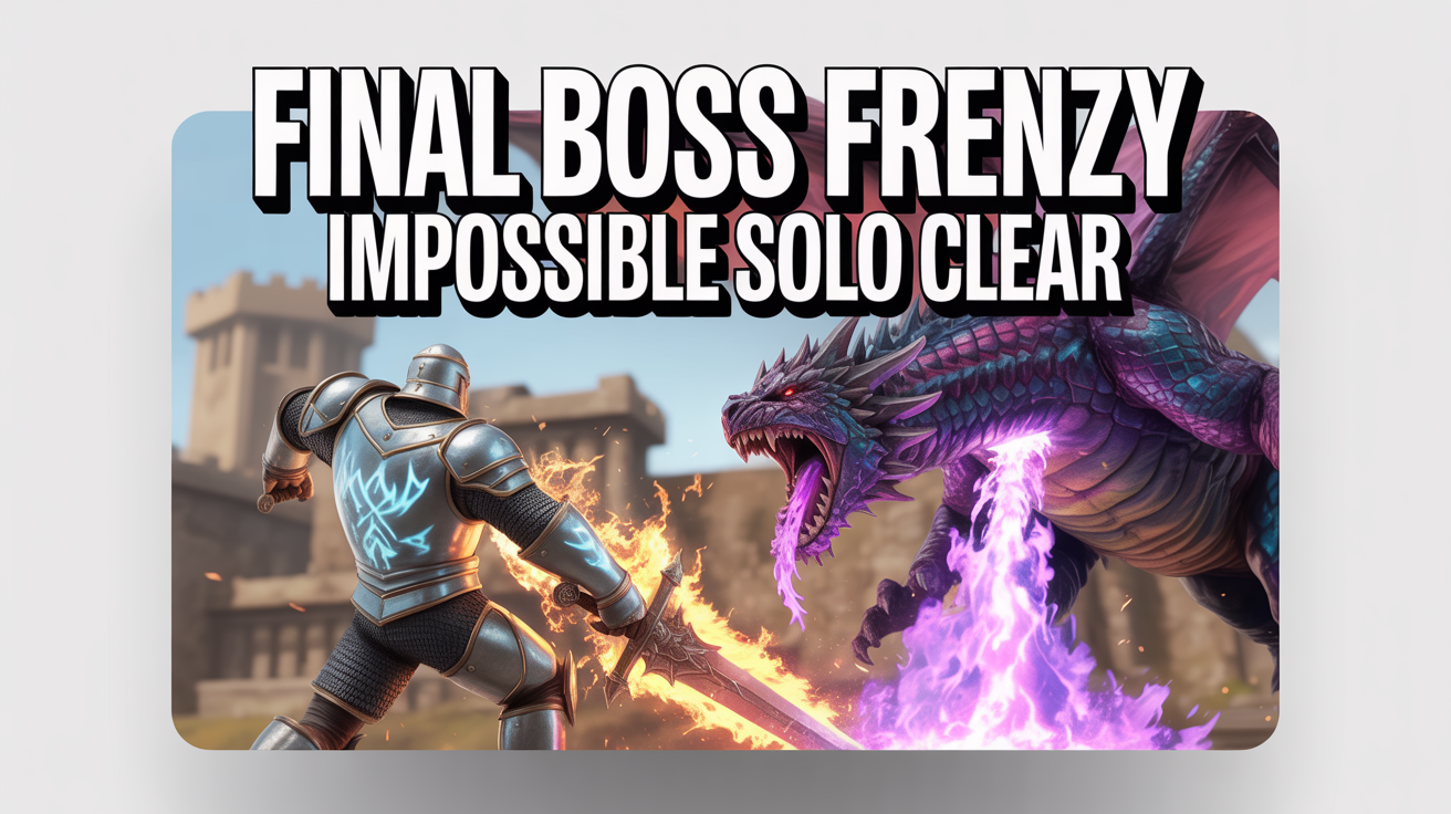 A mockup of a YouTube gaming thumbnail showing a knight fighting a dragon. The title reads 'FINAL BOSS FRENZY' and 'IMPOSSIBLE SOLO CLEAR'.
