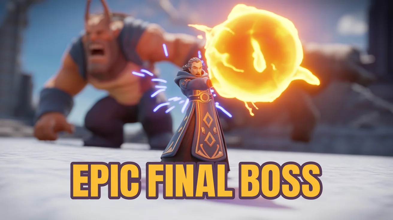 A mockup of a YouTube gaming thumbnail for a fantasy game, showing a mage fighting a monster with 'EPIC FINAL BOSS' text, set against a plain white background.