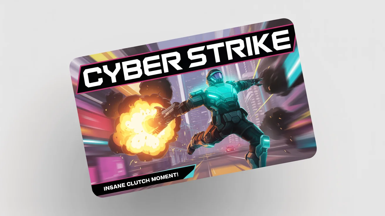 A mockup of a vibrant YouTube gaming thumbnail for a sci-fi shooter game, featuring a futuristic soldier and bold text reading 'CYBER STRIKE' and 'INSANE CLUTCH MOMENT!'.