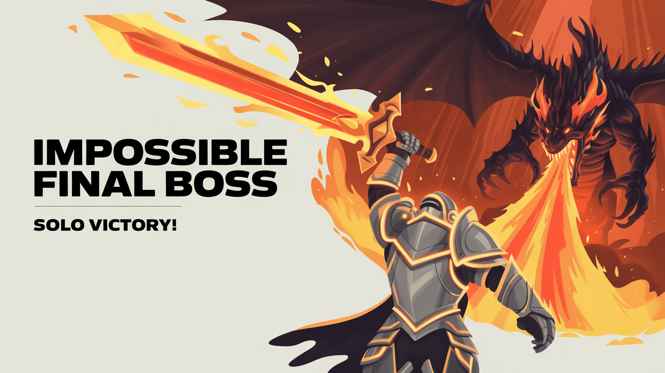 A mockup of a fantasy gaming YouTube thumbnail showing a knight with a flaming sword facing a giant dragon, with bold text reading 'IMPOSSIBLE FINAL BOSS' and 'SOLO VICTORY!'.