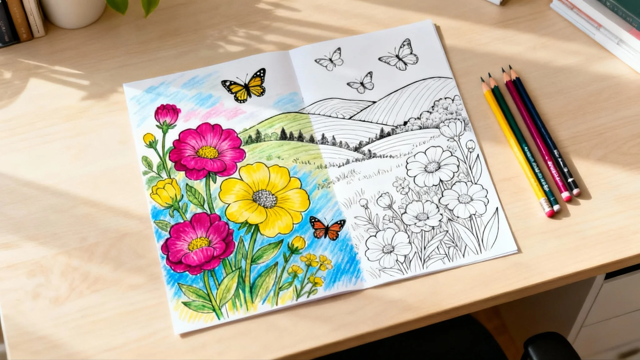 A top-down view of a garden-themed coloring page that is partially colored in with bright, vibrant colors, with colored pencils lying next to it on a wooden surface.