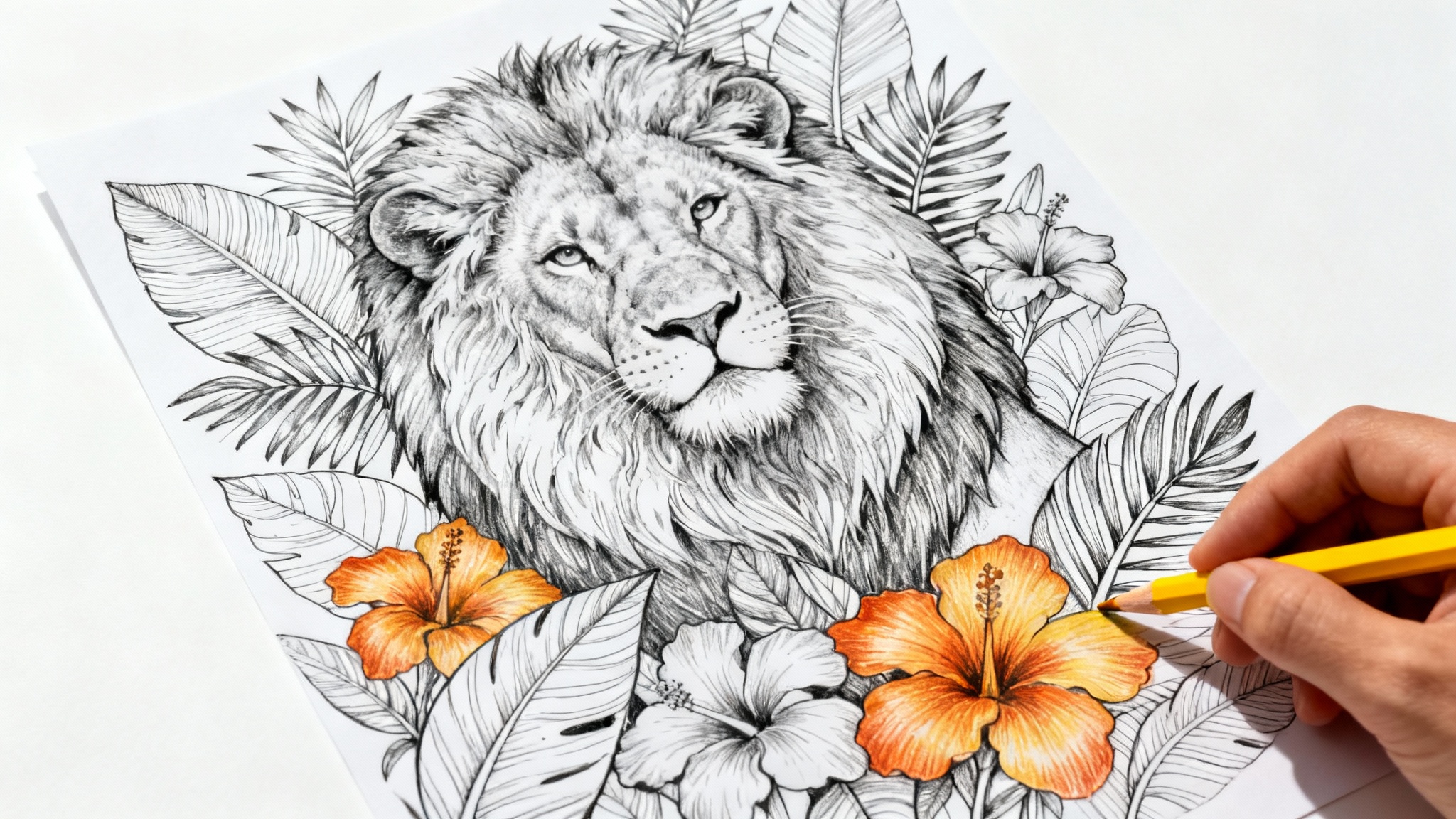 A top-down view of a hand coloring in a detailed lion illustration on a coloring page, with sections already filled with vibrant colors, set against a plain white background.