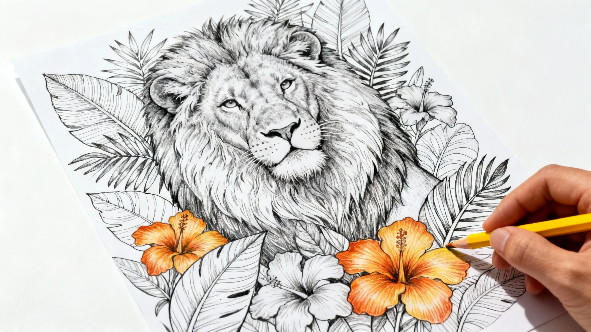 A top-down view of a hand coloring in a detailed lion illustration on a coloring page, with sections already filled with vibrant colors, set against a plain white background.