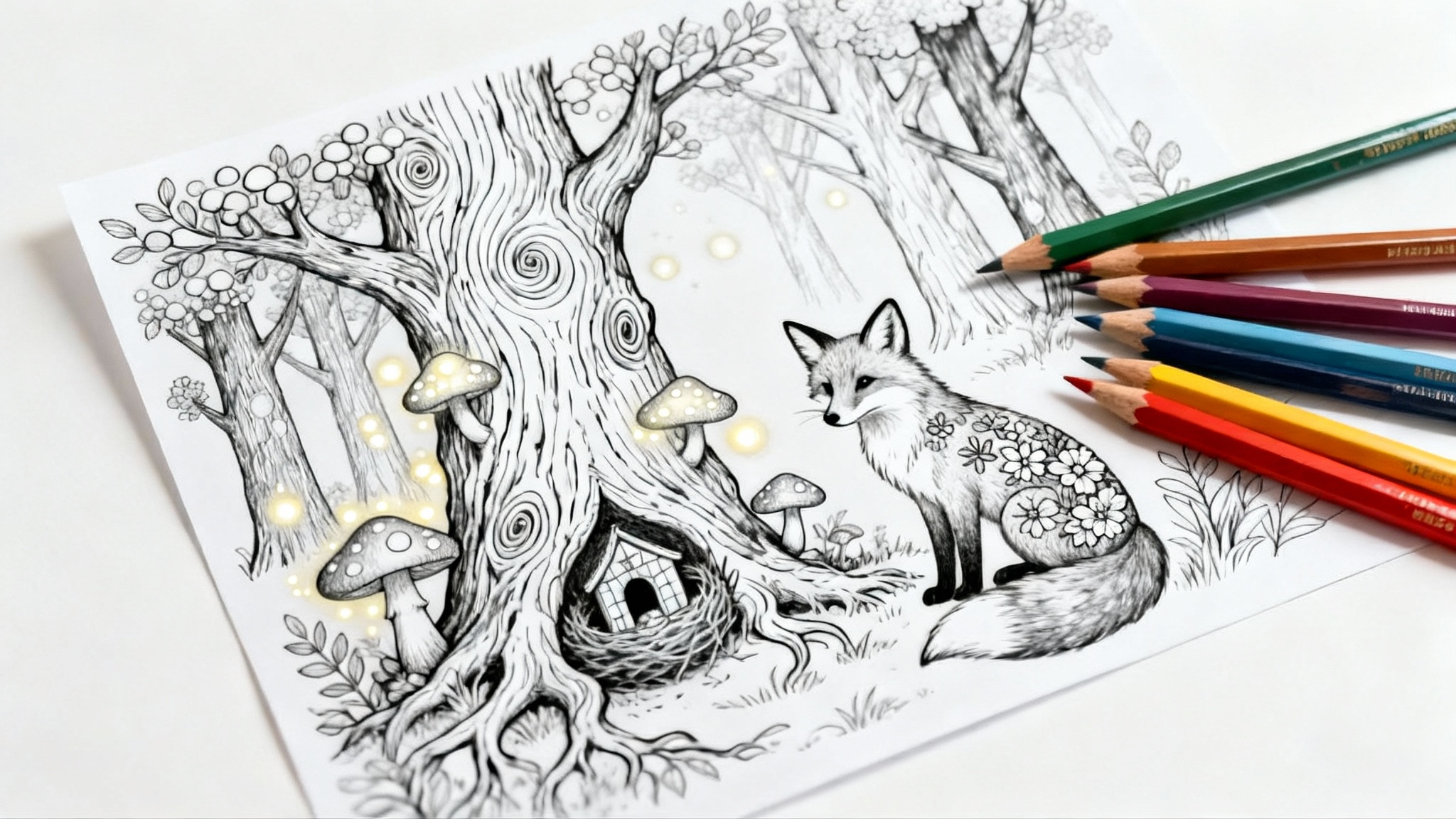 A black and white coloring page of an enchanted forest lies on a white surface, with a few colored pencils next to it, ready for coloring.