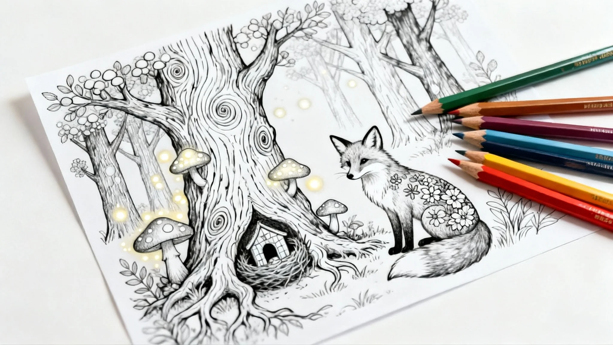 A black and white coloring page of an enchanted forest lies on a white surface, with a few colored pencils next to it, ready for coloring.