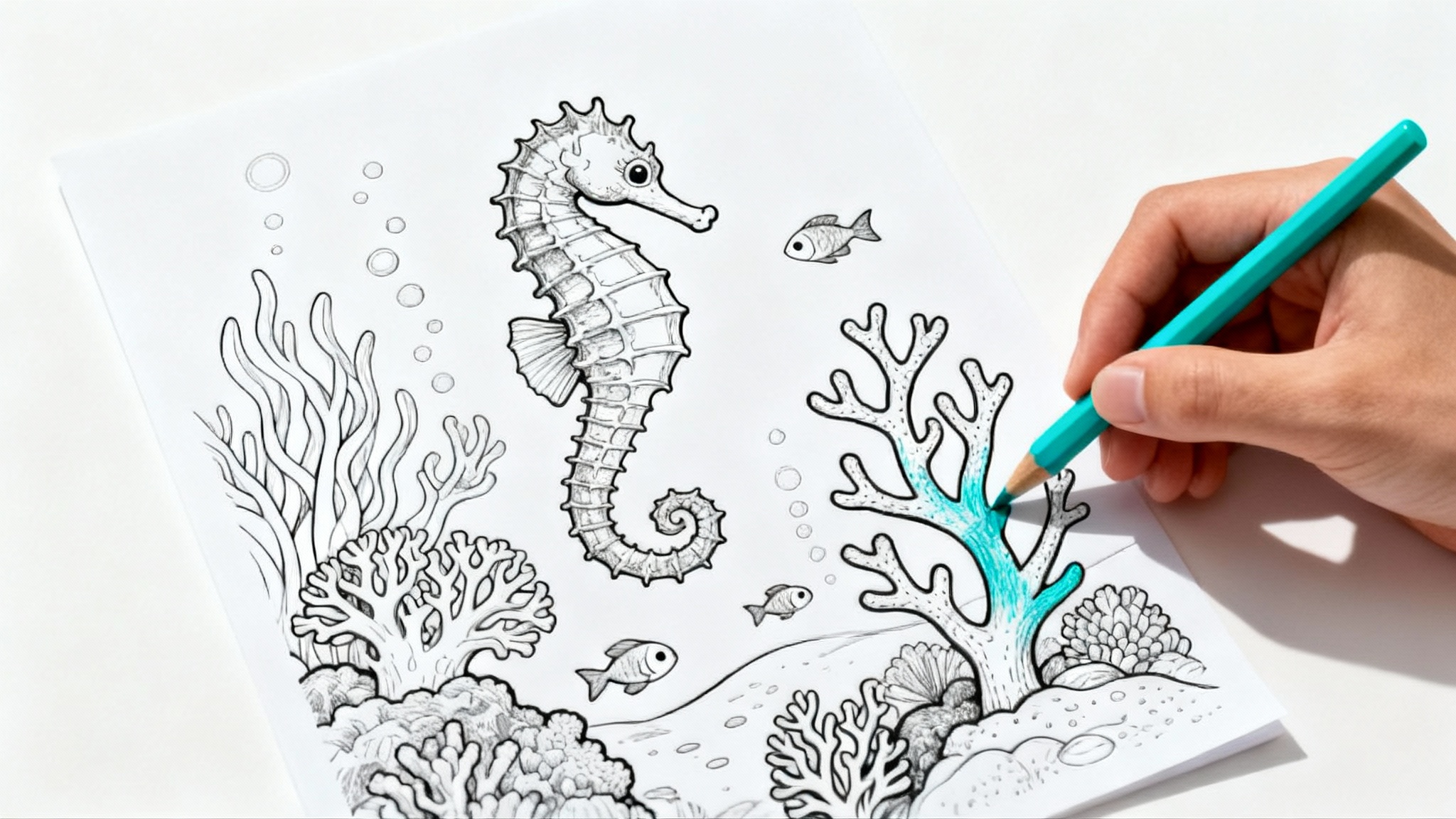 A hand holding a colored pencil is shown partially coloring in a black and white line drawing of a seahorse and coral, representing a coloring page.