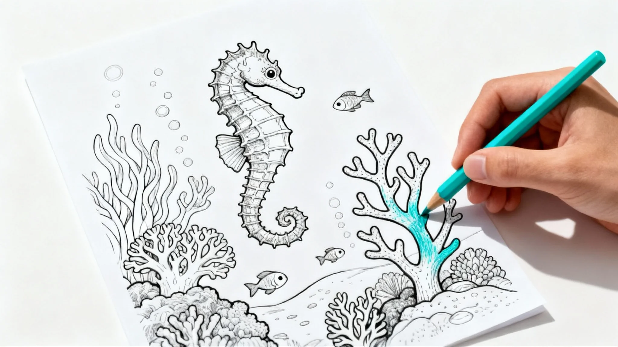 A hand holding a colored pencil is shown partially coloring in a black and white line drawing of a seahorse and coral, representing a coloring page.
