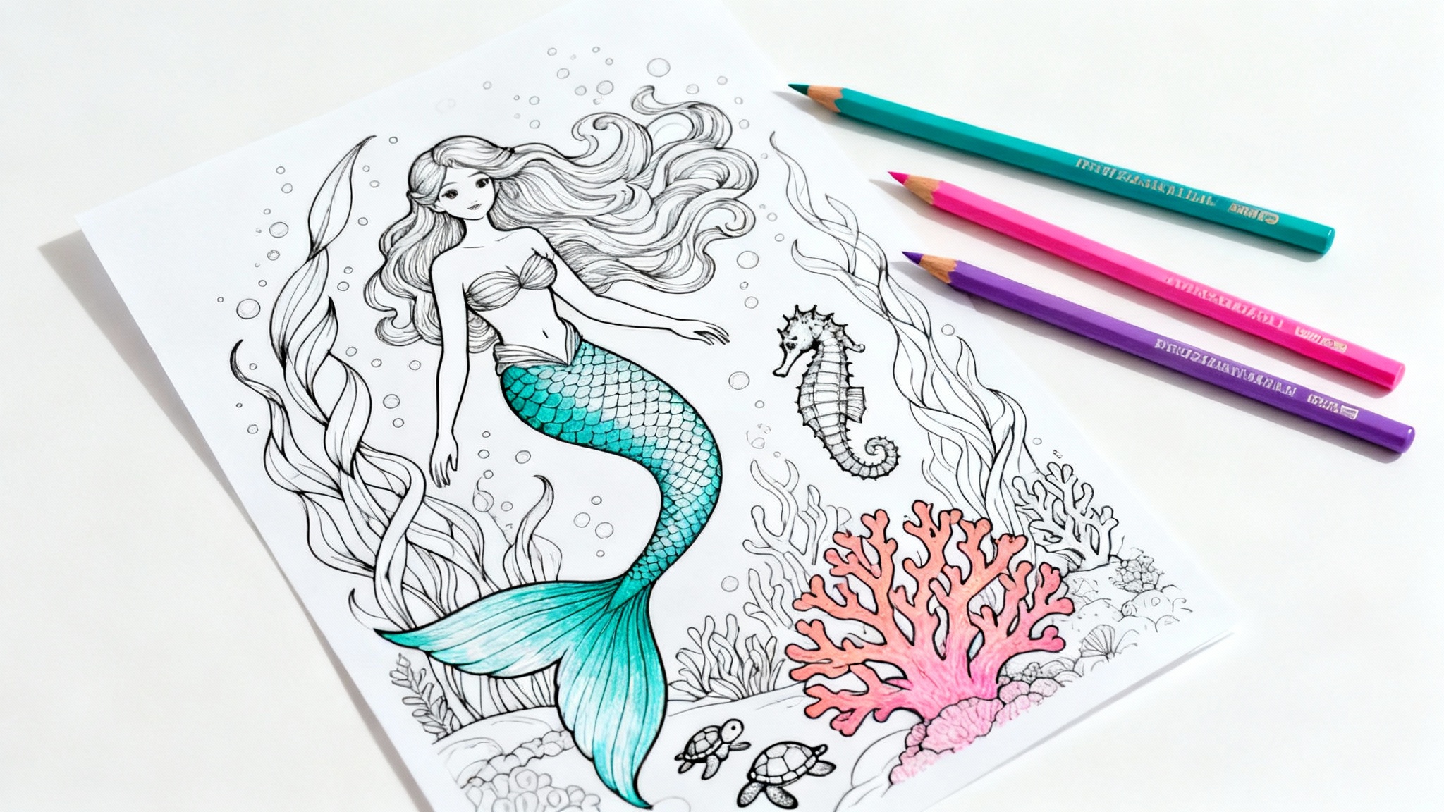 A flat lay image of an intricate mermaid coloring page on a white background. Part of the page is colored in, with colored pencils lying next to it.