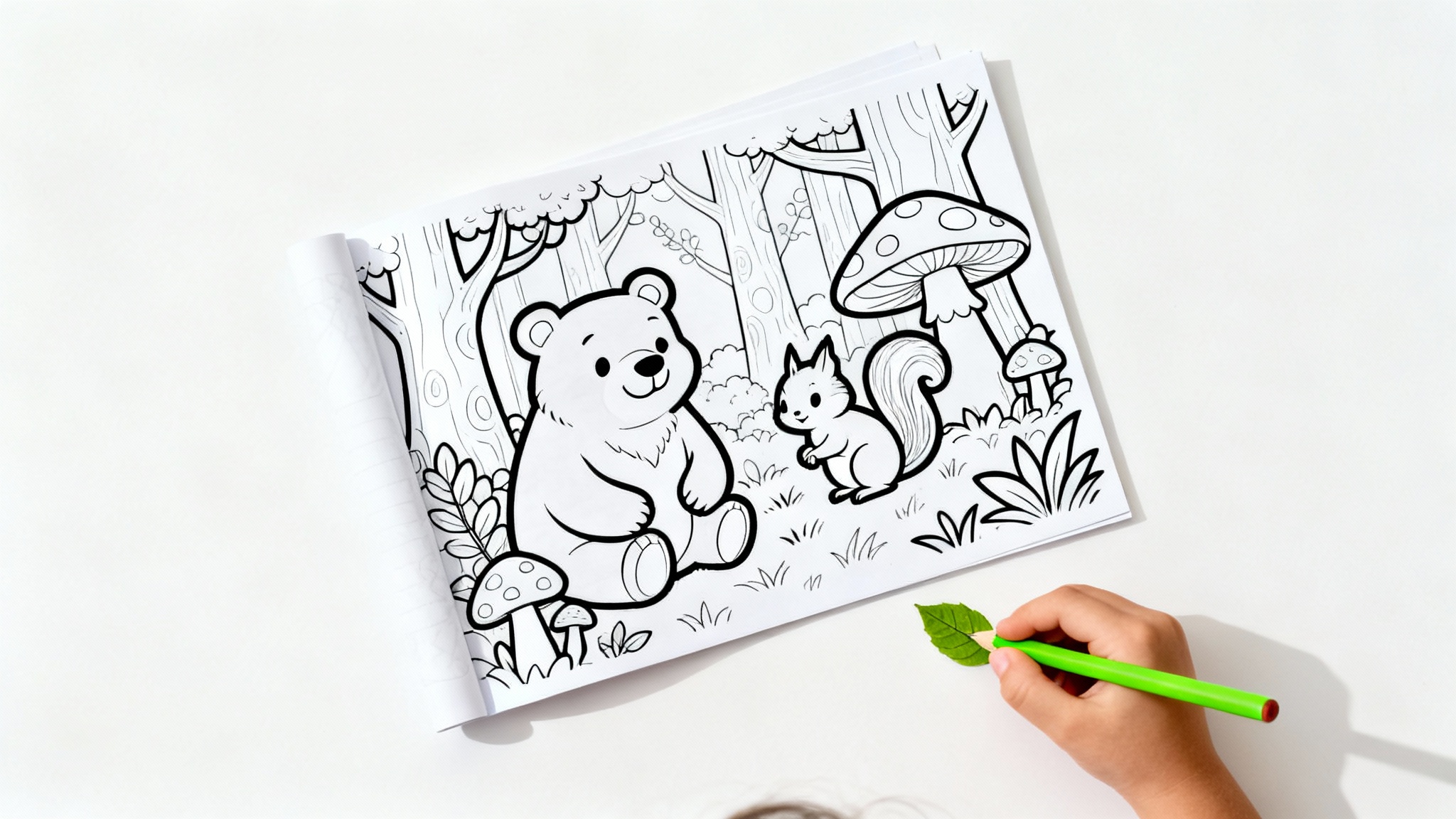 A top-down view of a coloring book page showing a forest scene with animals. A child's hand is holding a green pencil, beginning to color in a leaf on the otherwise black-and-white page, all set against a clean white background.