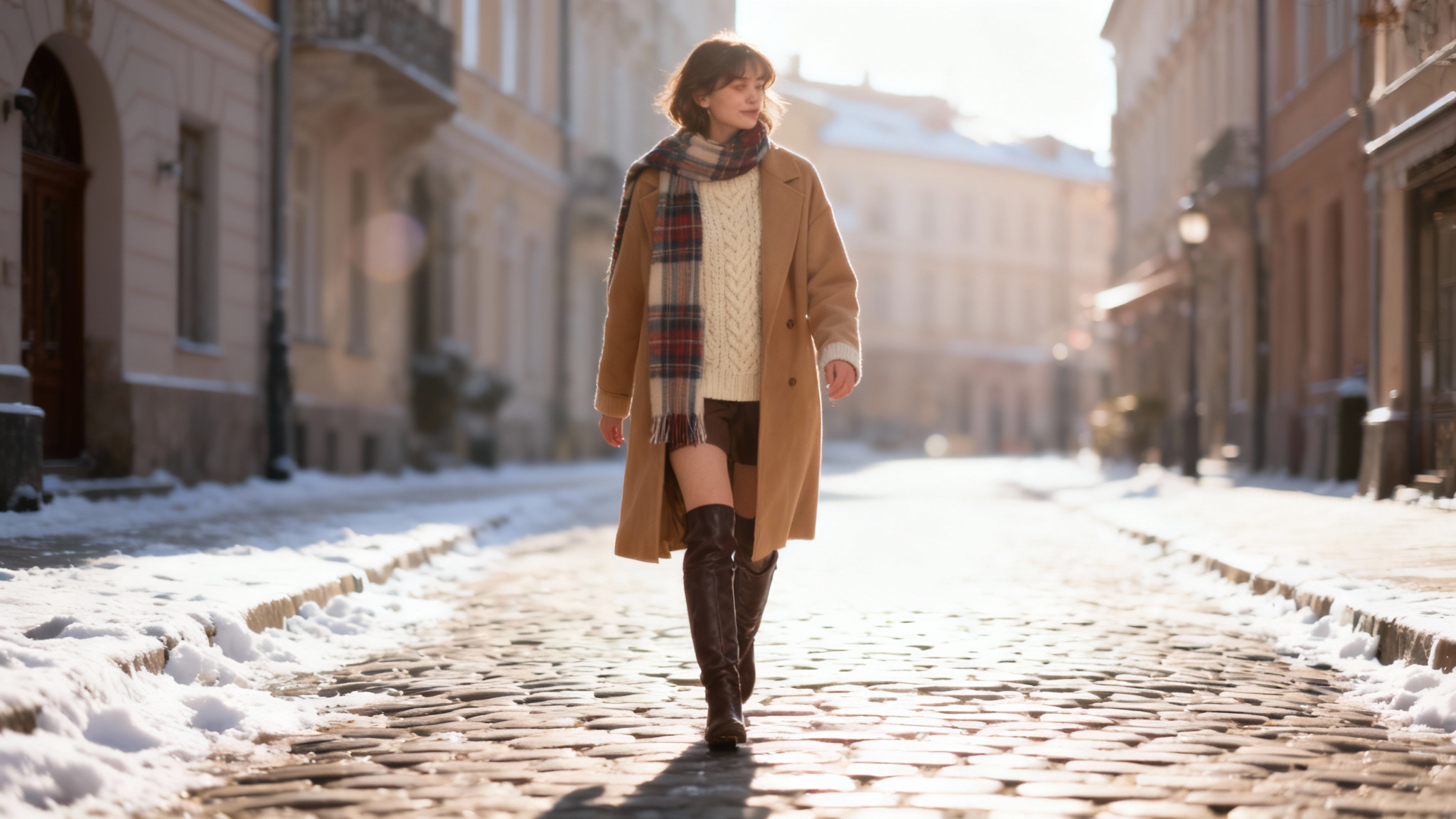 A full-body fashion photograph of a young woman modeling a stylish winter outfit, consisting of a long coat, sweater, and scarf, as she walks down a beautiful, snow-covered city street.