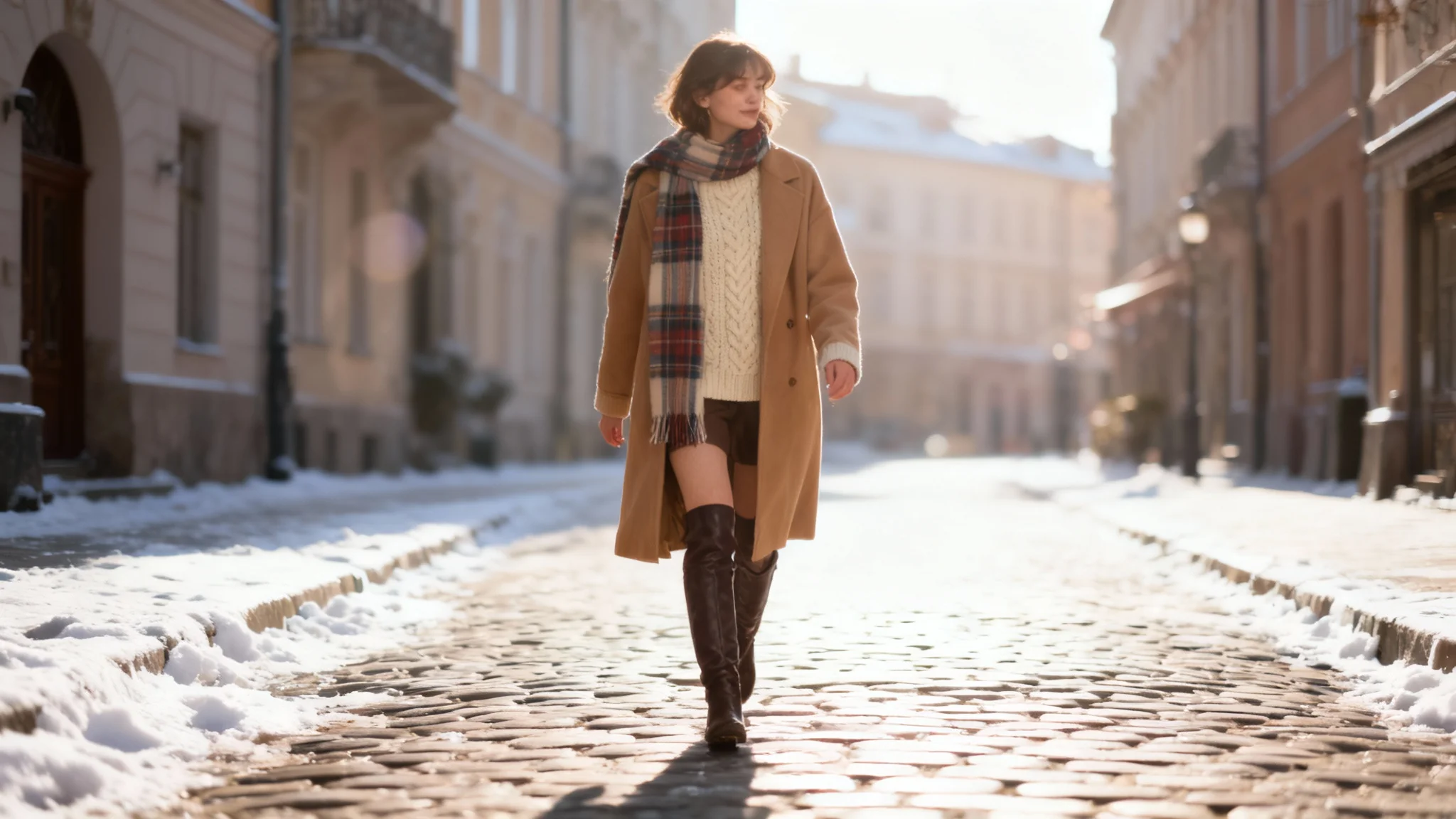A full-body fashion photograph of a young woman modeling a stylish winter outfit, consisting of a long coat, sweater, and scarf, as she walks down a beautiful, snow-covered city street.