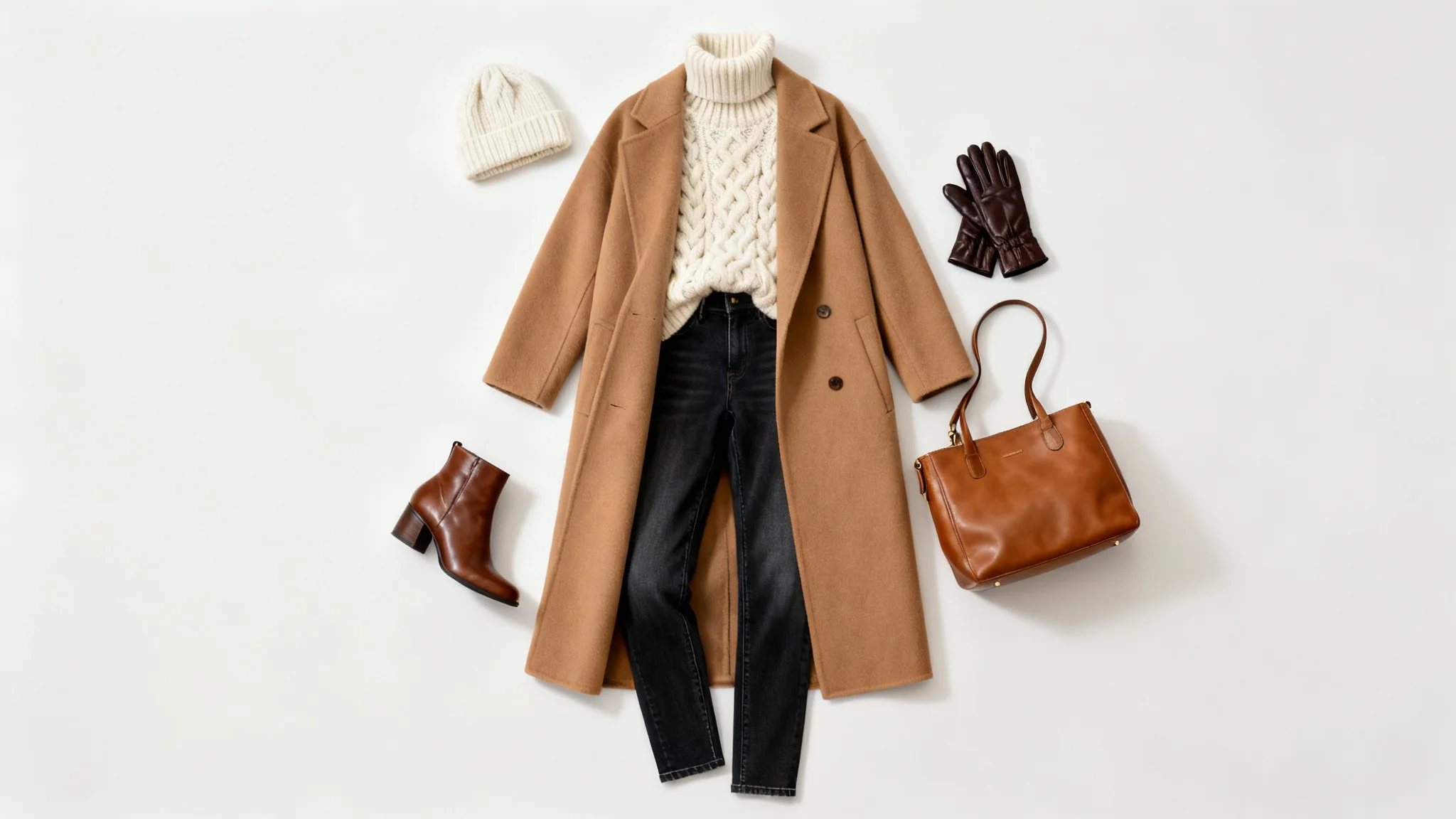 A flat lay of a stylish women's winter outfit, including a camel coat, cream sweater, dark jeans, and brown leather accessories, arranged on a light grey background.