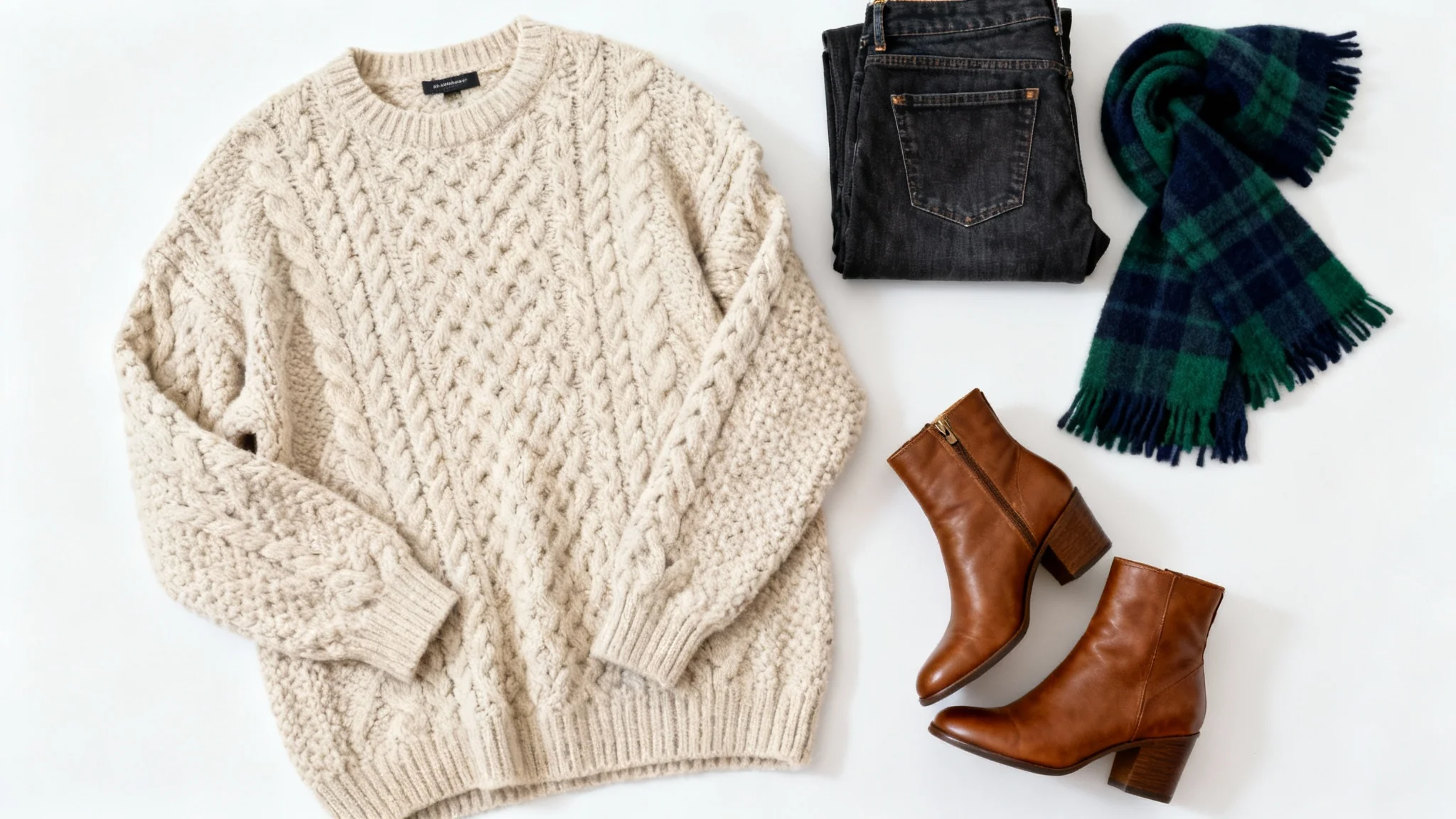 A flat lay of a chic winter outfit on a white background, including an oatmeal knit sweater, dark jeans, a plaid scarf, and brown leather boots.